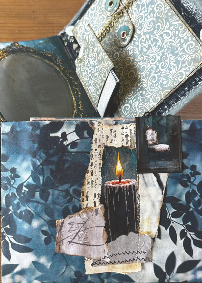 Aufgeschlagenes Art Journal mit Collagen, Texten und Illustrationen